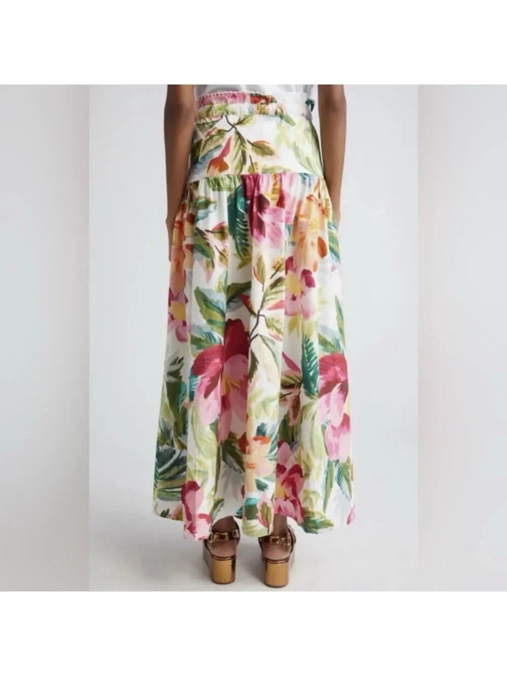 Farm Rio Painted Flowers Maxi Skirt Belted w/ Beaded Fringe Cotton